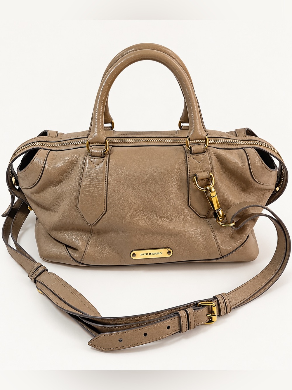 Burberry Kirley Leather Satchel Handbag Taupe Gold Hardware Shoulder Bag